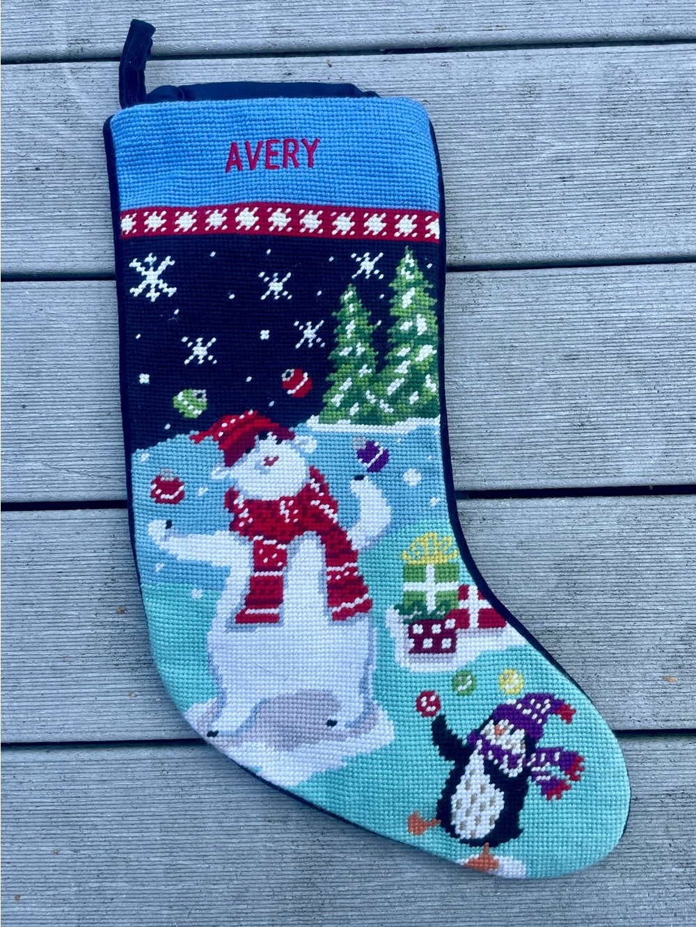 LANDS’ END Polar Bear Penguin Needlepoint Christmas Stocking blue AVERY